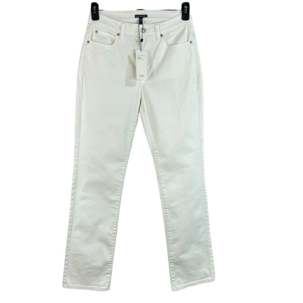Eileen Fisher SZ 4 Jean High-Rise Straight Leg 5-Pockets Stretch Zip-Fly White